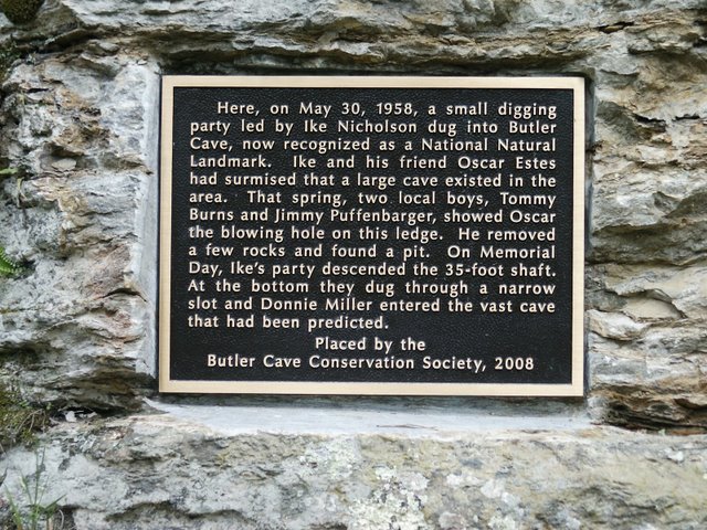 Plaque placed at historic entrance to Butler Cave